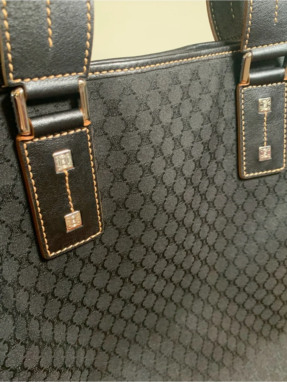 Celine Macadam Tote Handbag Black Canvas Leather